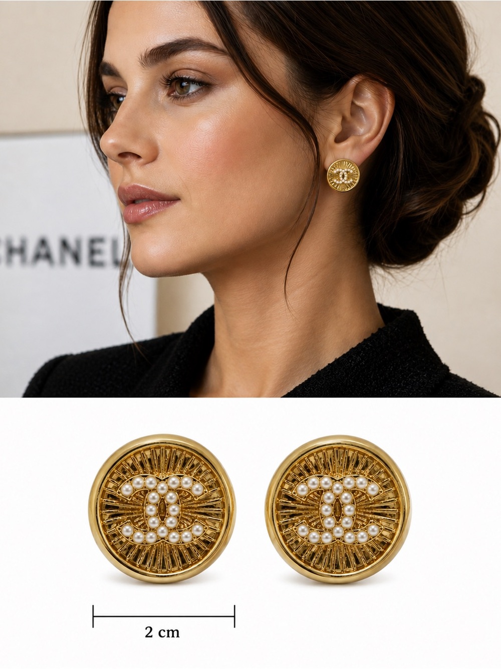 Classic Gold Button Earrings with Pearl Emblem